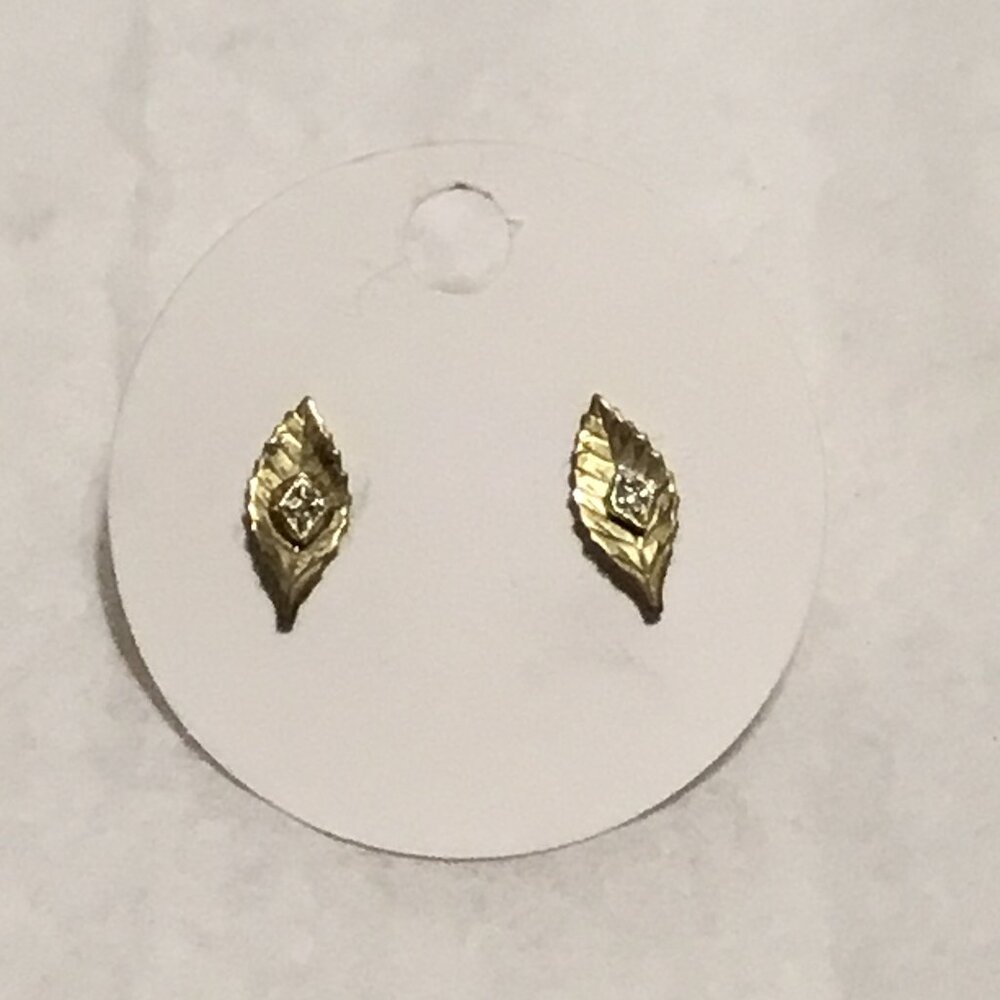 Vintage 14K white and yellow gold leaf shaped earrings w/ diamonds
